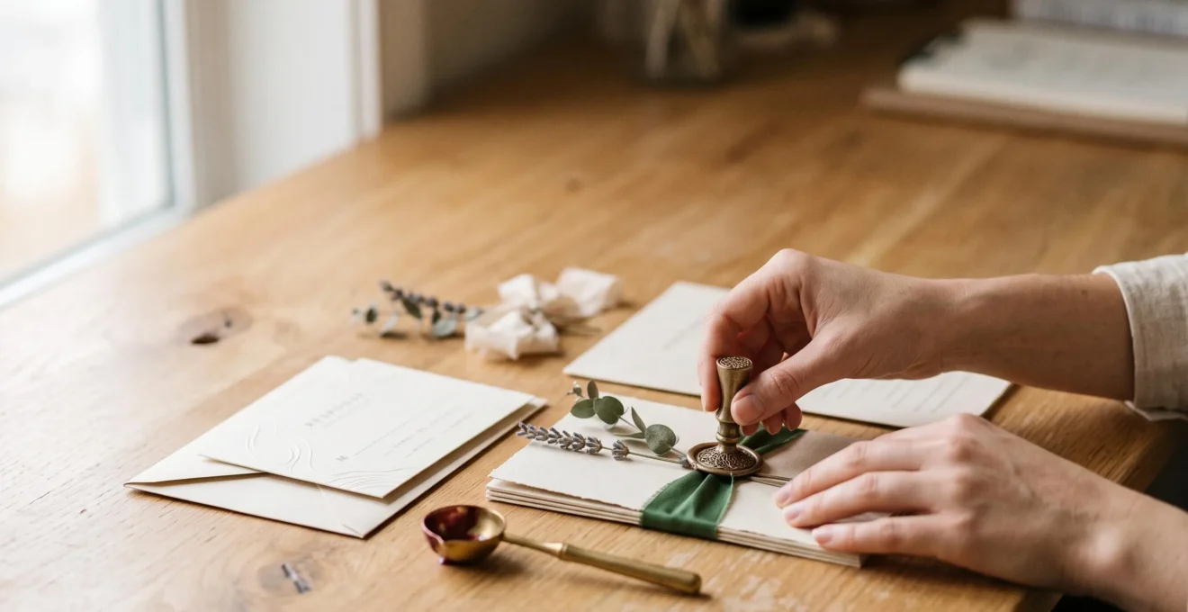 Mains disposant avec soin des cartes d'invitation personnalisées, enveloppes et sceaux de cire sur une table en bois clair baignée de lumière naturelle