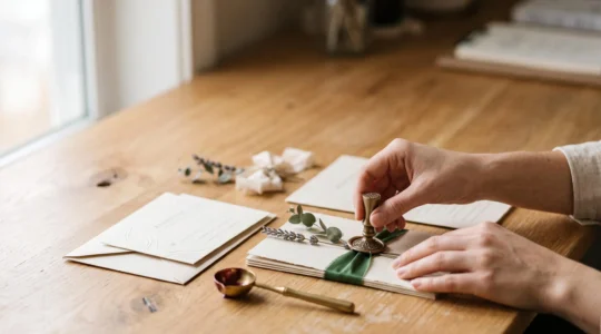 Mains disposant avec soin des cartes d'invitation personnalisées, enveloppes et sceaux de cire sur une table en bois clair baignée de lumière naturelle