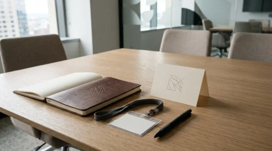 Papeterie de séminaire professionnelle soigneusement disposée symbolisant la crédibilité d'une entreprise