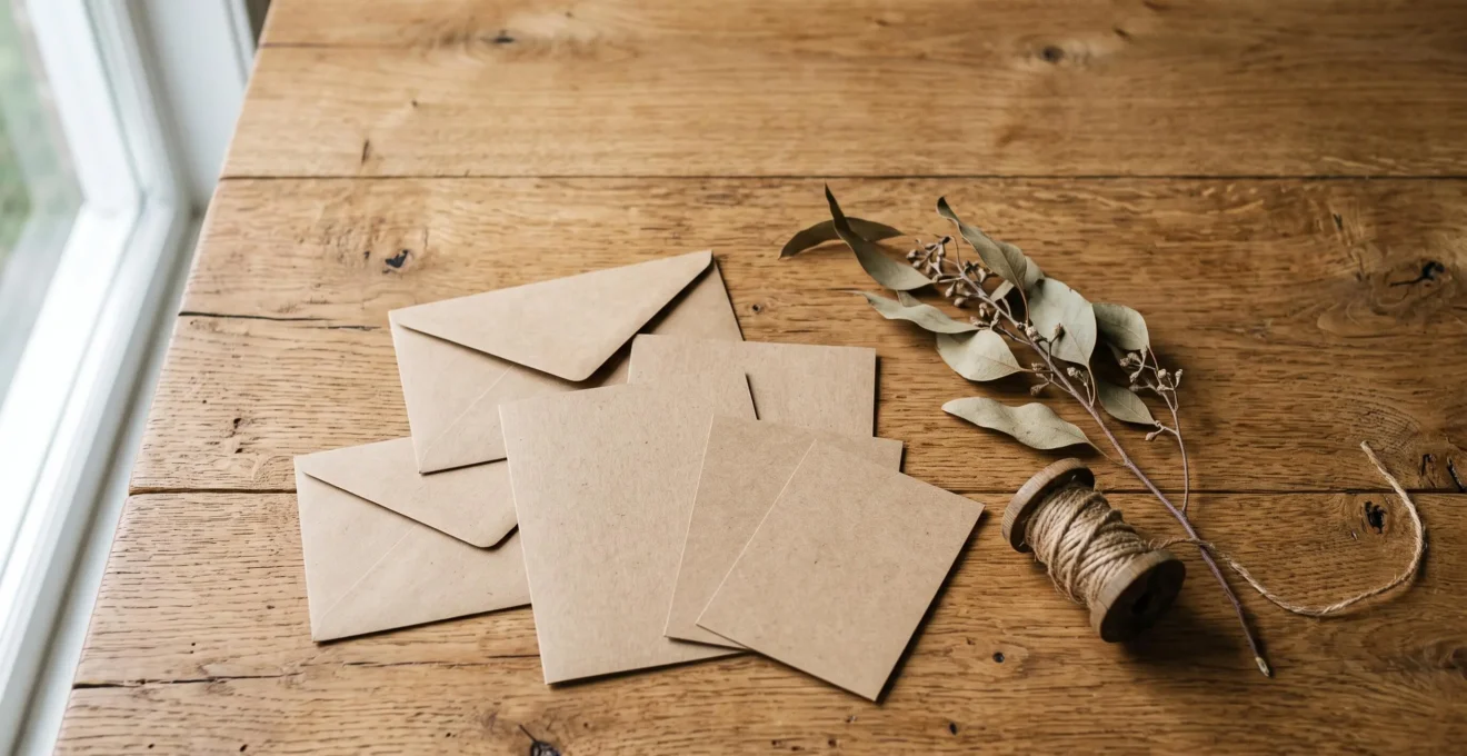 Carte de vœux et faire-part en papier kraft recyclé posés sur une table en bois avec une lumière naturelle douce