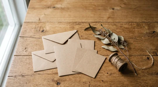 Carte de vœux et faire-part en papier kraft recyclé posés sur une table en bois avec une lumière naturelle douce