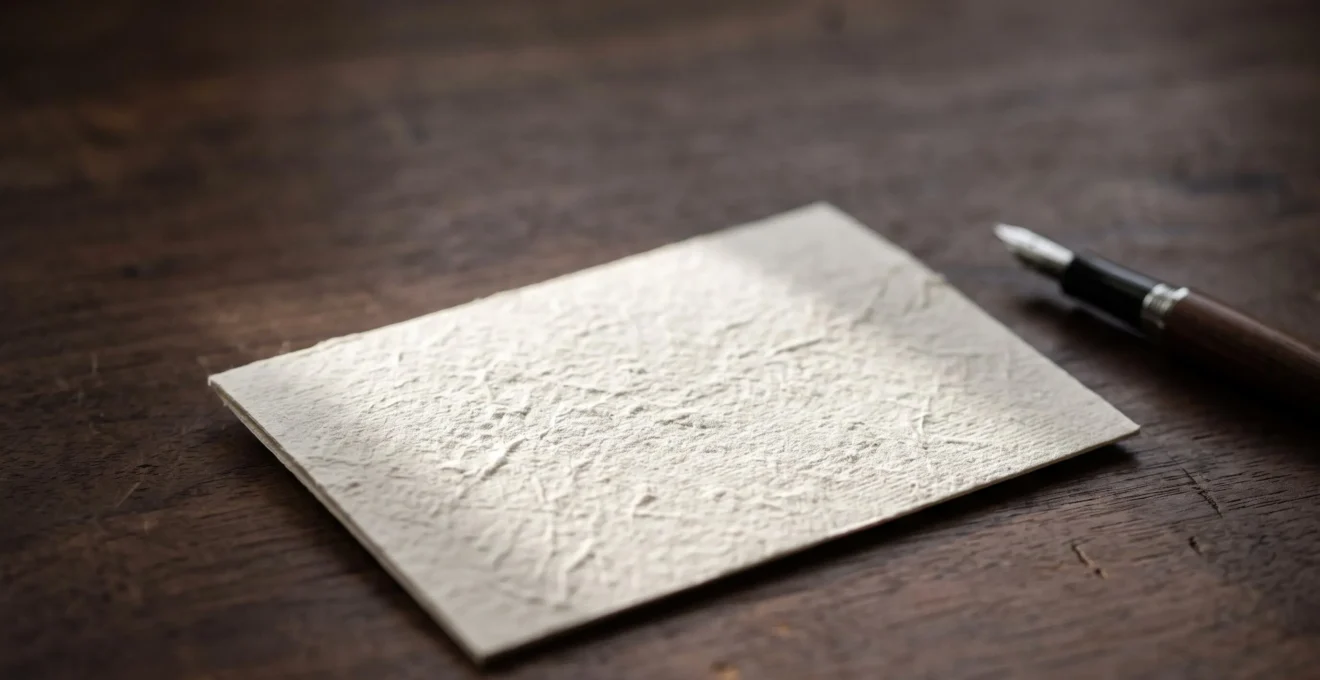 Gros plan artistique sur une carte de correspondance posée sur un papier texturé de teinte ivoire, illustrant le raffinement discret du papier Rives