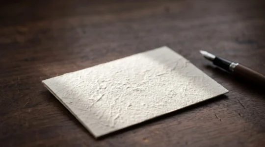 Gros plan artistique sur une carte de correspondance posée sur un papier texturé de teinte ivoire, illustrant le raffinement discret du papier Rives