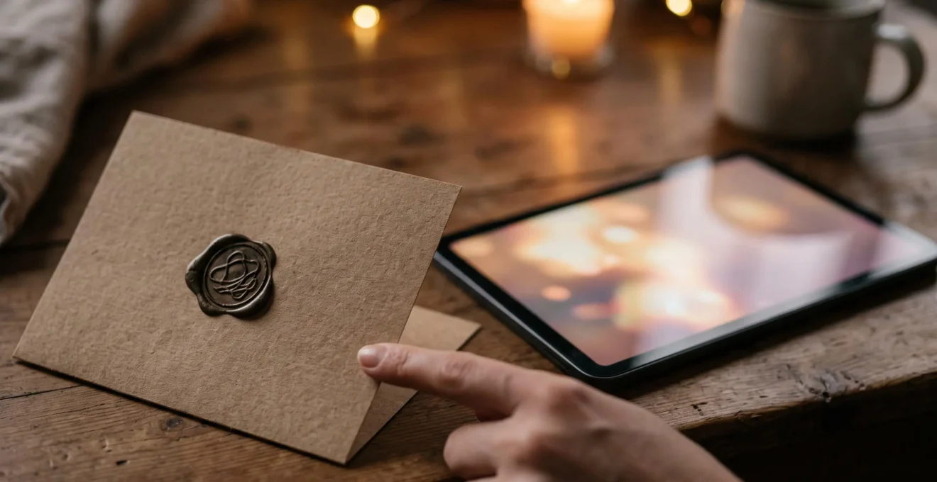 Une main effleurant une carte de vœux en papier texturé posée à côté d'une tablette légèrement floue diffusant une lumière chaude et douce, symbolisant le lien entre l'émotion papier et l'animation numérique