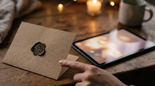Une main effleurant une carte de vœux en papier texturé posée à côté d'une tablette légèrement floue diffusant une lumière chaude et douce, symbolisant le lien entre l'émotion papier et l'animation numérique