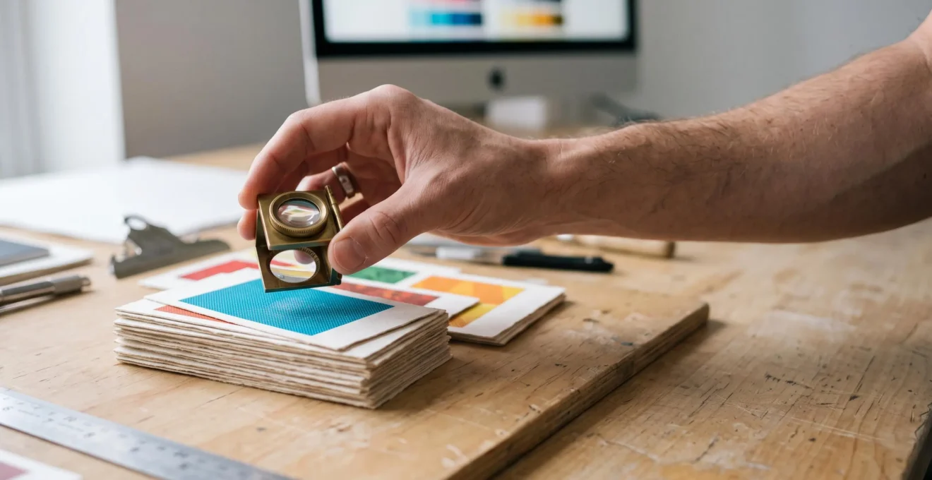 Table de designer avec des cartes imprimées et une loupe révélant la texture fine de l'encre, symbolisant la préparation d'un fichier haute définition pour l'impression