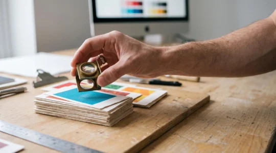 Table de designer avec des cartes imprimées et une loupe révélant la texture fine de l'encre, symbolisant la préparation d'un fichier haute définition pour l'impression