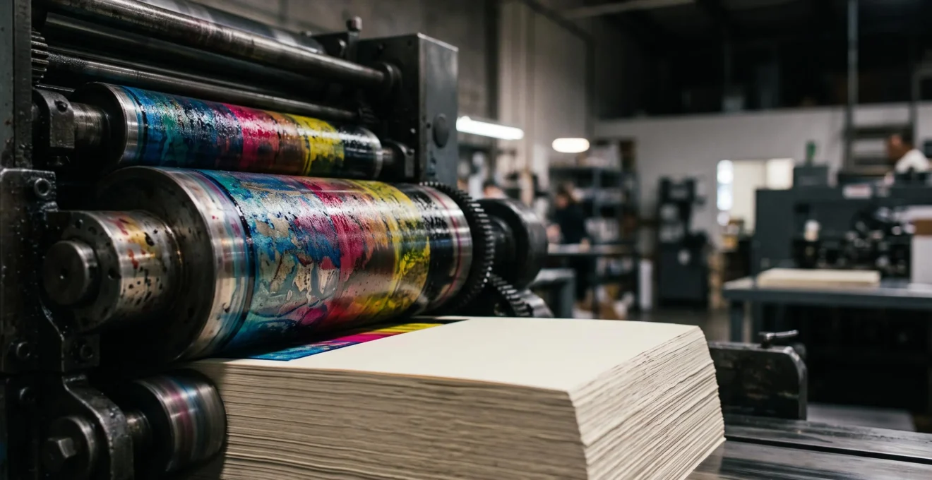 Rouleaux d'une presse offset transférant de l'encre sur une pile de cartes imprimées en grand tirage