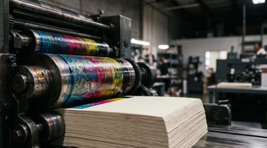 Rouleaux d'une presse offset transférant de l'encre sur une pile de cartes imprimées en grand tirage