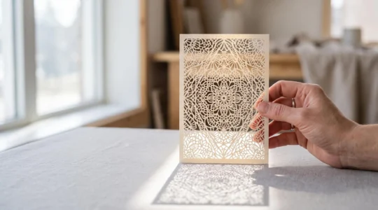 Carte de vœux à la silhouette complexe découpée au laser, suspendue dans la lumière et projetant une ombre dentelée