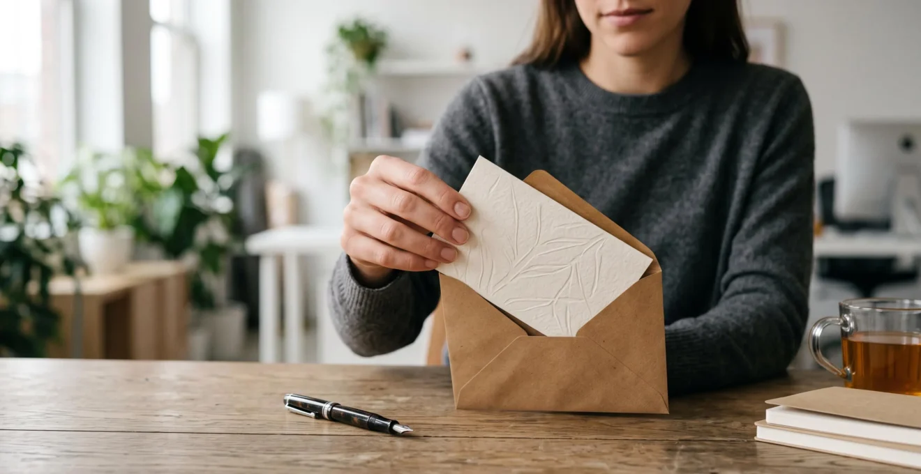 Main soignée déposant une carte de vœux d'entreprise haut de gamme sur un bureau en bois, symbole d'une relation client entretenue avec attention.