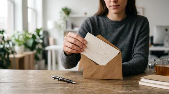 Main soignée déposant une carte de vœux d'entreprise haut de gamme sur un bureau en bois, symbole d'une relation client entretenue avec attention.