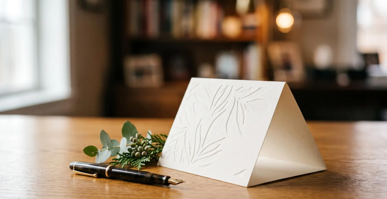 Carte de voeux professionnelle haut de gamme posee sur un bureau elegant, symbole d'une relation client durable