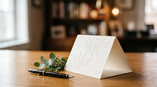 Carte de voeux professionnelle haut de gamme posee sur un bureau elegant, symbole d'une relation client durable